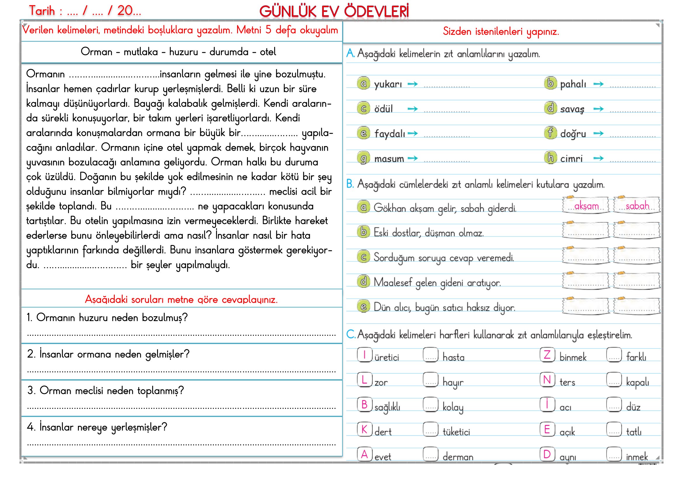 2.Sınıf - 25 Şubat 2026 Günlük Ev Ödevleri