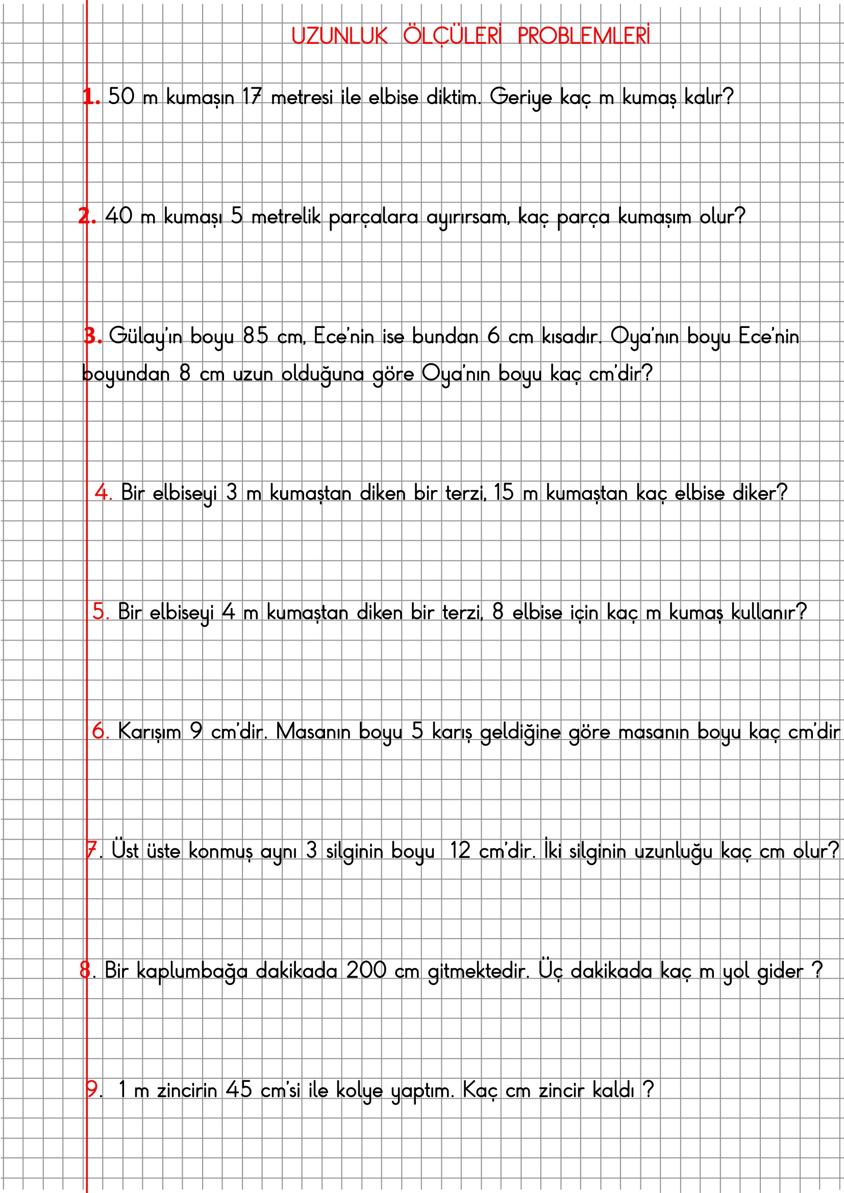 2.Sınıf Matematik Kareli Defterde Uzunluk Ölçme Problemleri