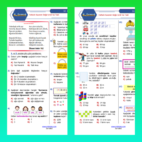 4. Sınıf Haftalık Değerlendirme Testi - 32. Hafta