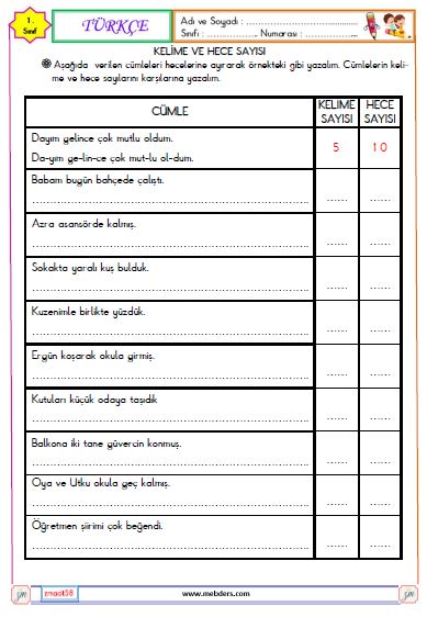 1. Sınıf Türkçe Kelime ve Hece Etkinliği