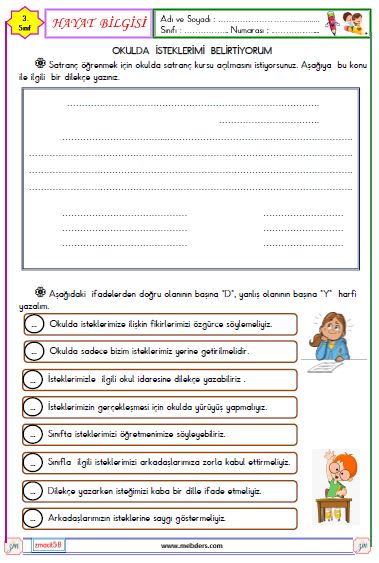 3. Sınıf Hayat  Bilgisi Okulda İsteklerimi  Belirtiyorum Etkinliği