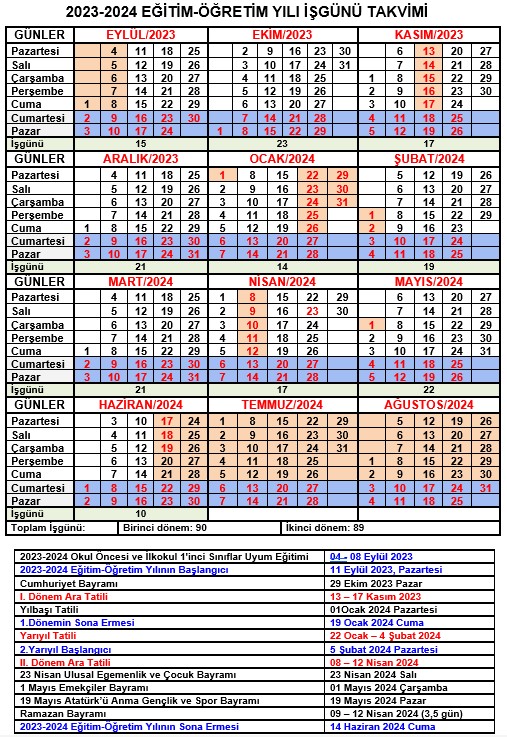 2023-2024 Eğitim Öğretim Yılı İş Günü Takvimi