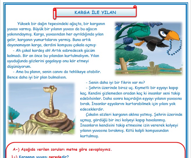 2.Sınıf Türkçe Karga ile Yılan Okuma Anlama Metin Çalışması