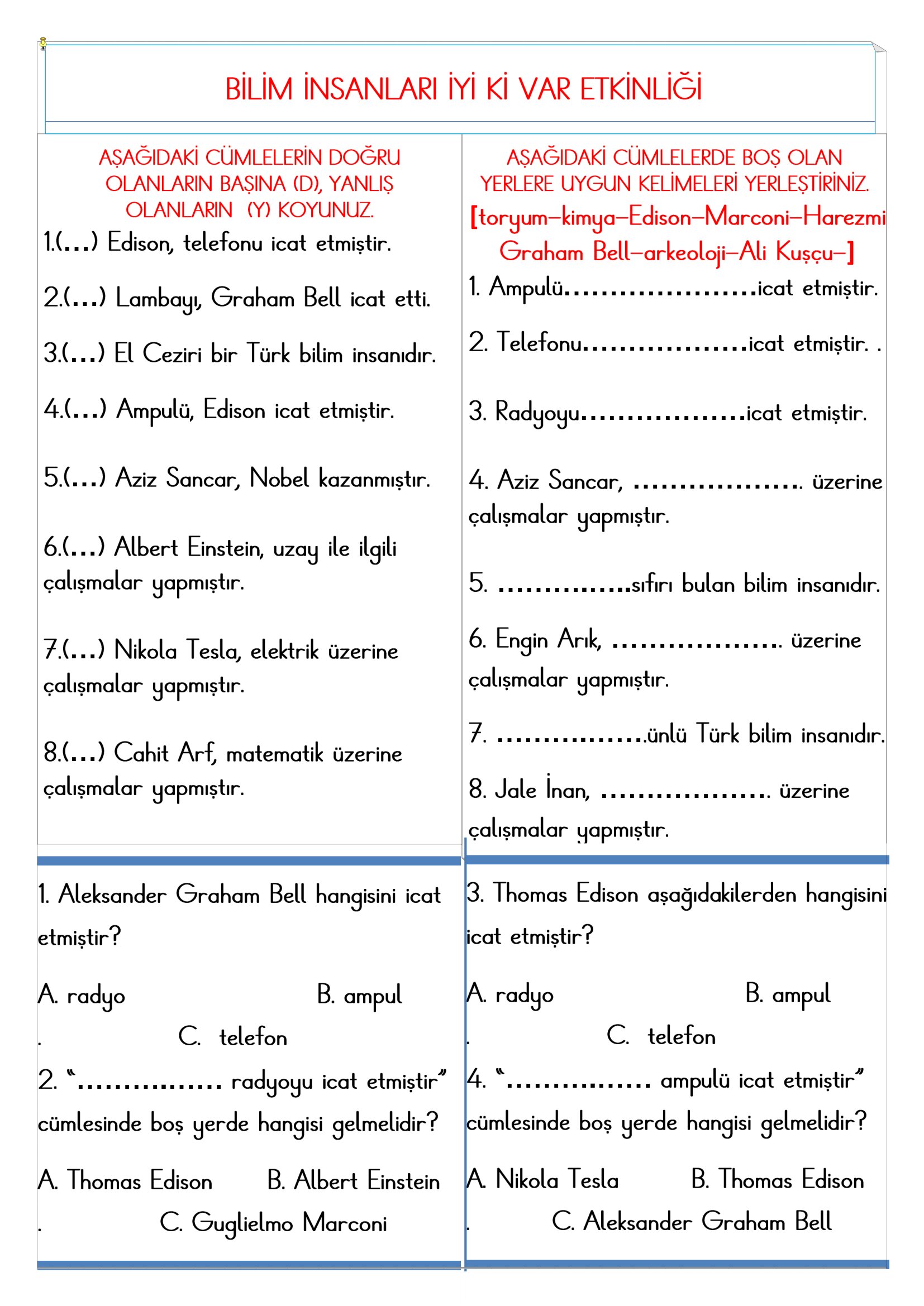2.Sınıf - Hayat Bilgisi Bilim İnsanları İyi ki Var Etkinliği