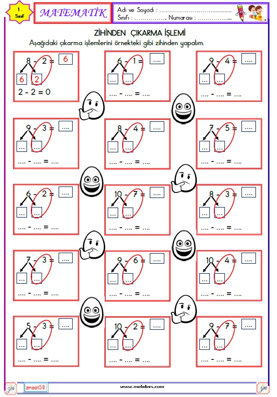 1. Sınıf Matematik Zihinden Çıkarma İşlemi Etkinliği 4