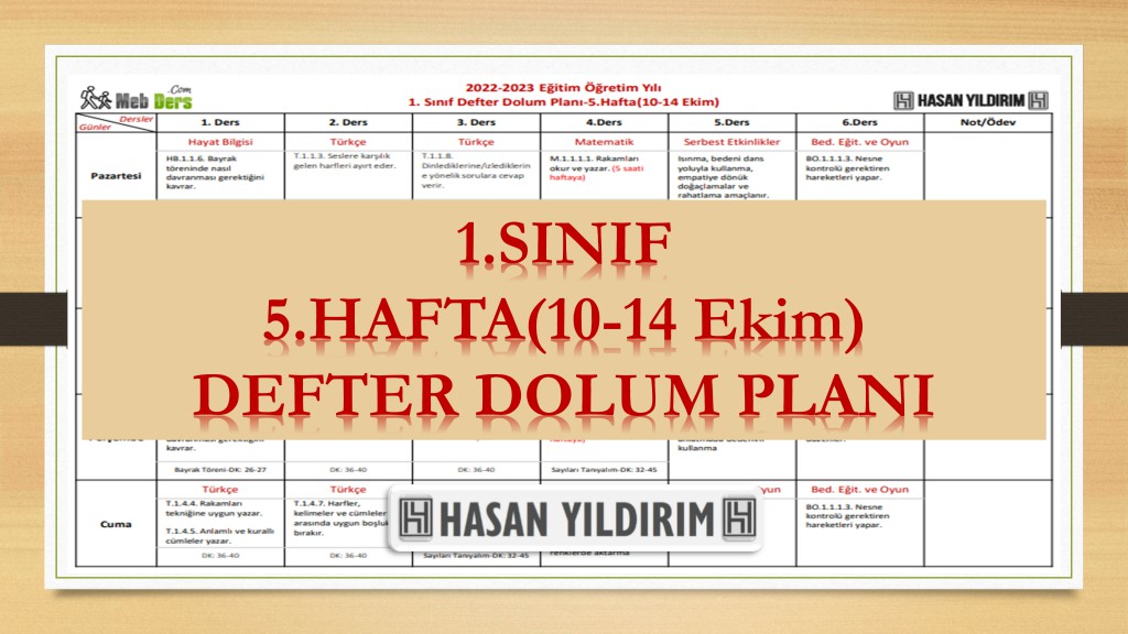 2022-2023 Eğitim Öğretim Yılı 1. Sınıf 5. Hafta (10-14 Ekim) Defter Dolum Planı