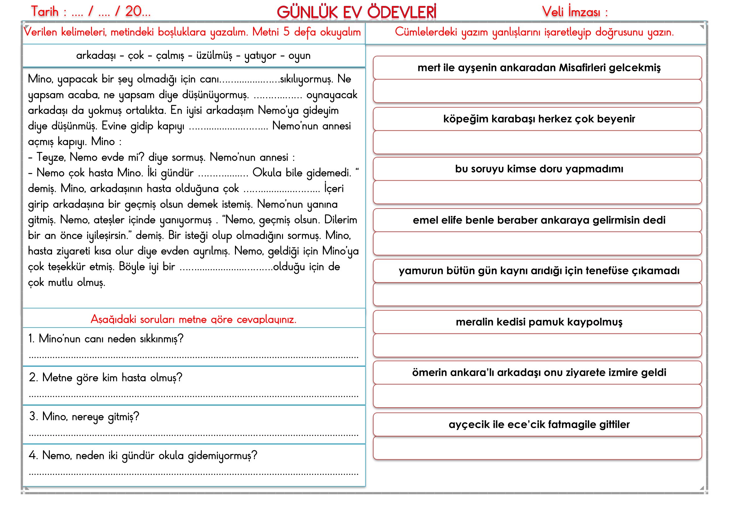 2.Sınıf - 18 Şubat 2026 Günlük Ev Ödevleri