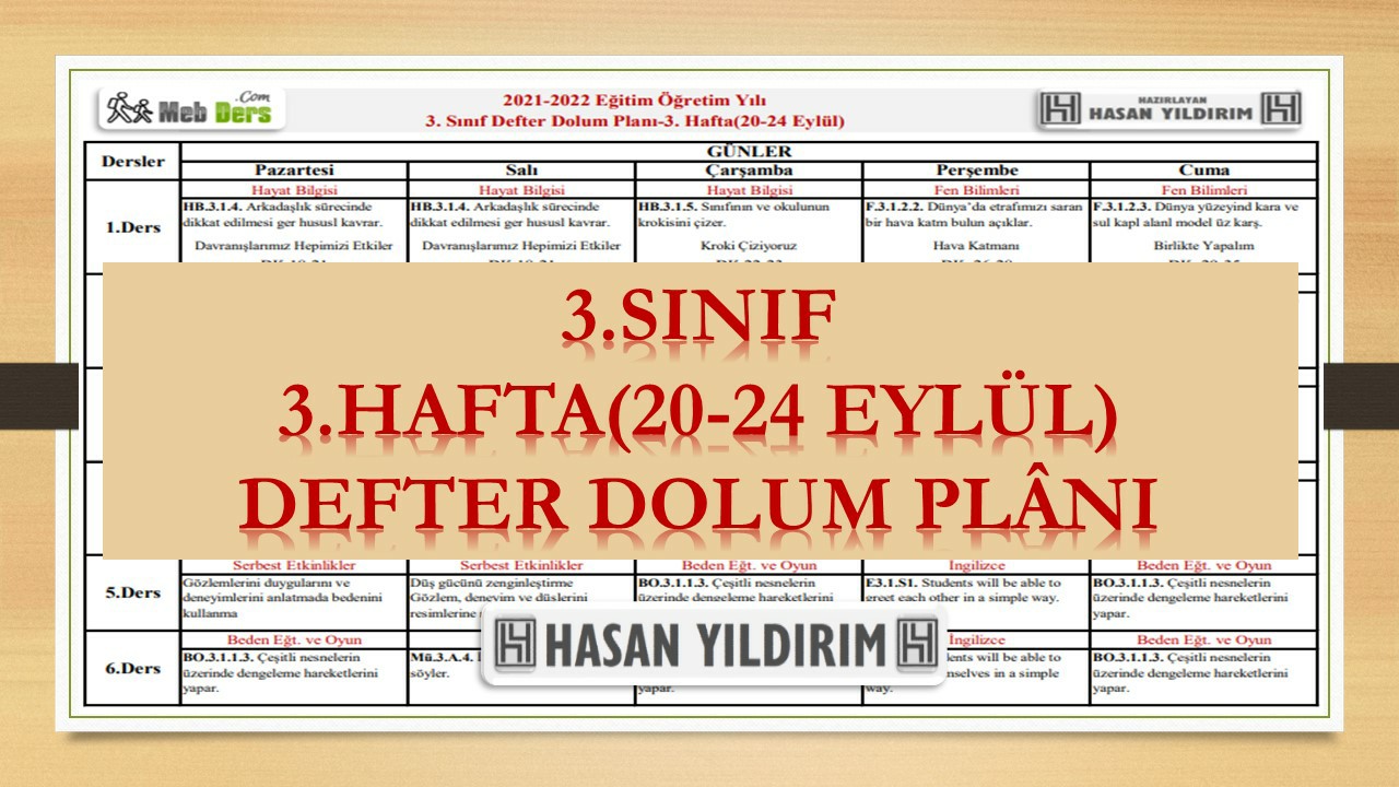 3.Sınıf 3.Hafta(20-24 Eylül) Defter Dolum Planı