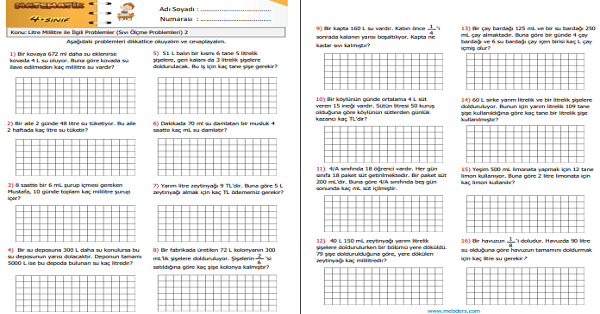 4.Sınıf Matematik Litre ve Mililitre ile İlgili Problemler (Sıvı Ölçme Problemleri) 2