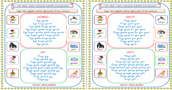 1. Sınıf İlk Okuma Yazma G-g Sesi Hızlı Okuma Metin Çalışması