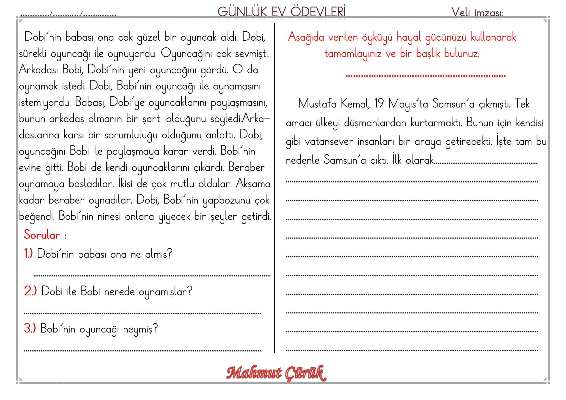 1.Sınıf 02 Mayıs 2025 Günlük Ev Ödevi