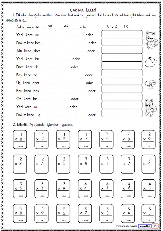 2. Sınıf Matematik Çarpma İşlemi Etkinliği 8