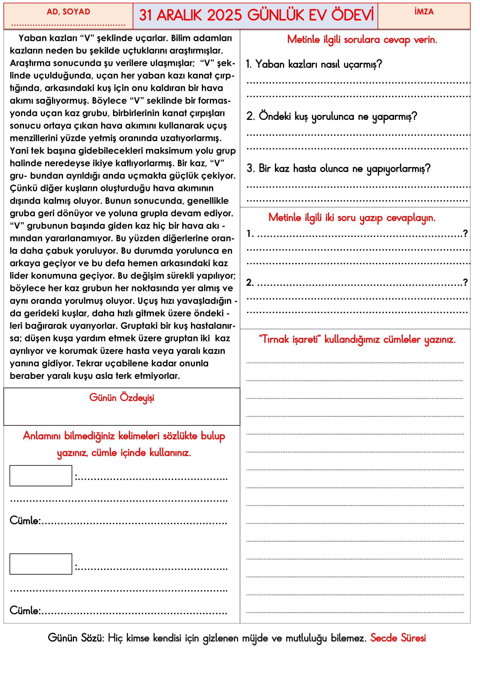 3.Sınıf - 31 Aralık 2025 Günlük Ev Ödevleri