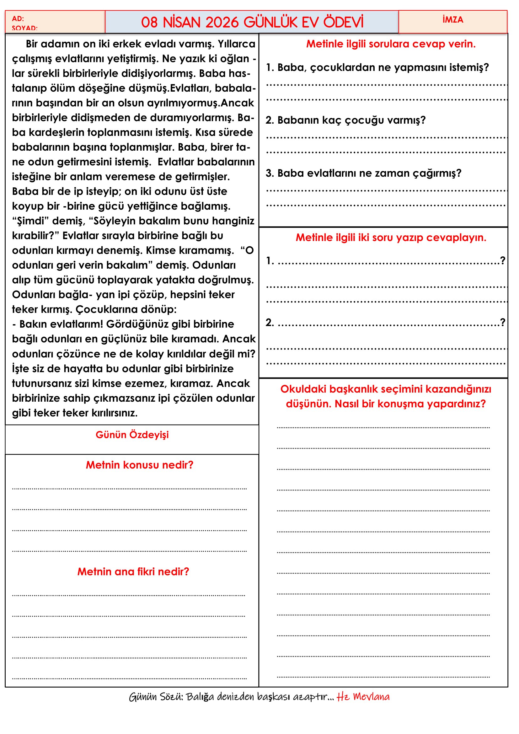 4.Sınıf - 08 Nisan 2026 Günlük Ev Ödevleri