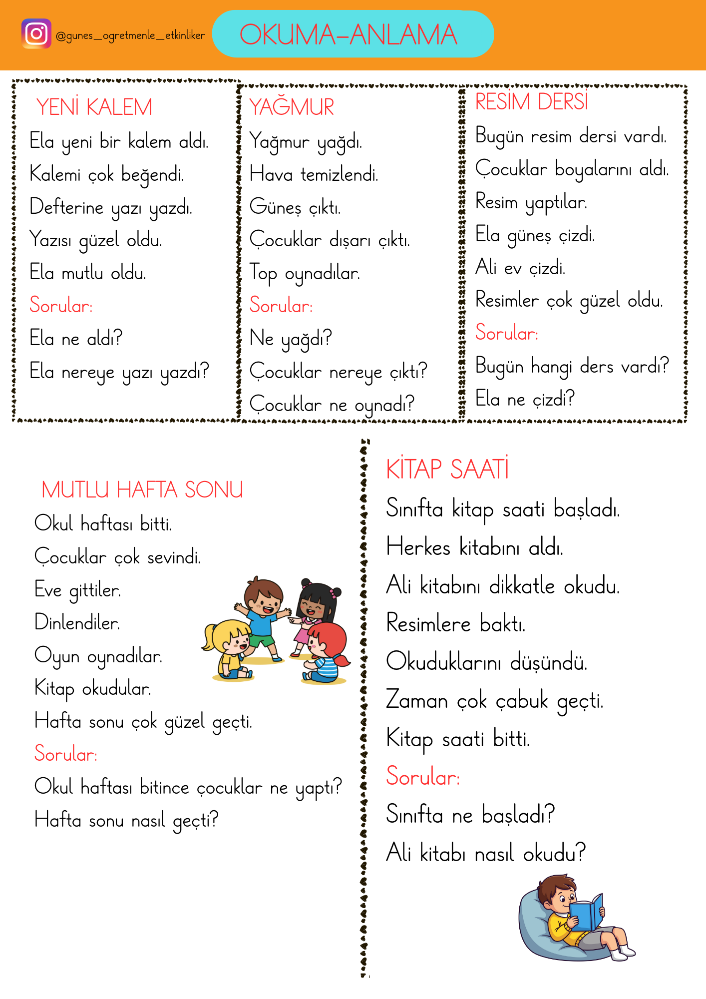 1.Sınıf Okuma Anlama Metinleri