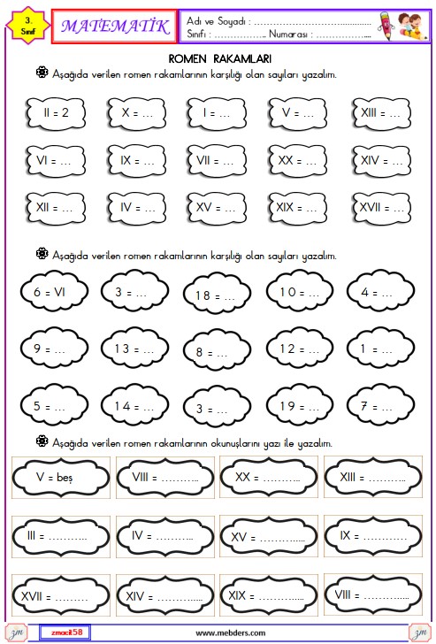 3. Sınıf Matematik Romen Rakamları Etkinliği 1