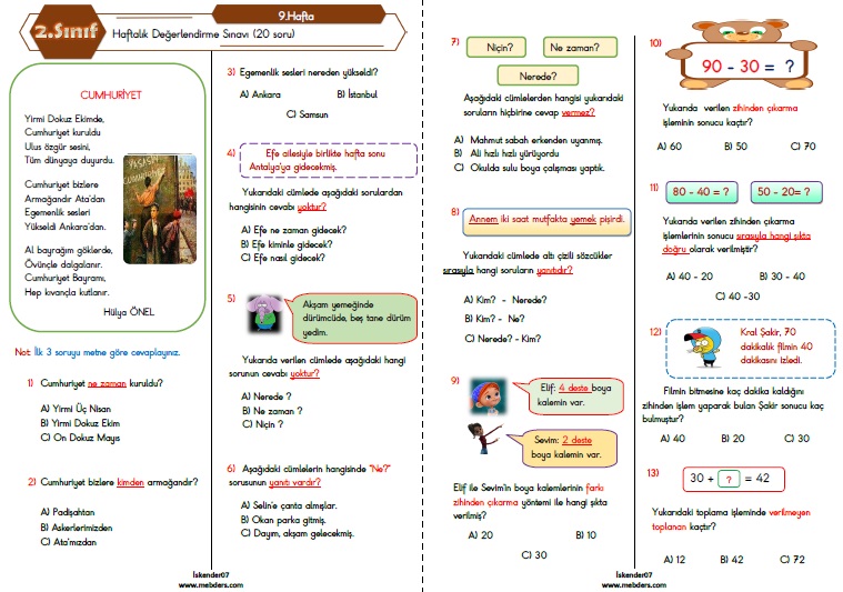 2.Sınıf Haftalık Değerlendirme Testi - 9.Hafta (01-05 Kasım)