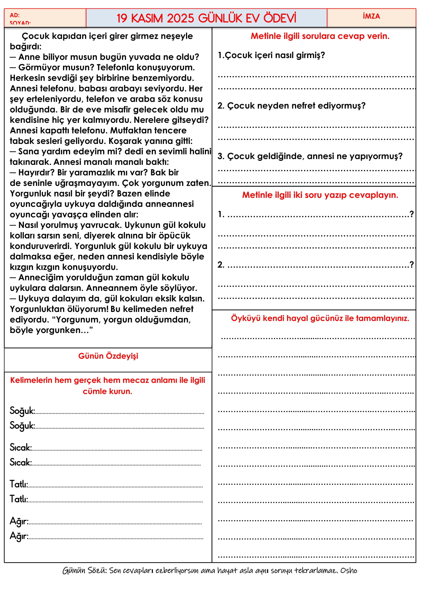 4.Sınıf - 19 Kasım 2025 Günlük Ev Ödevleri