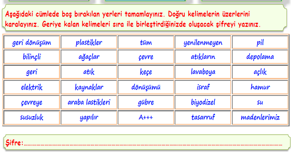 4.Sınıf Fen Bilimleri İnsan ve Çevre Ünitesi Boşluk Doldurma Etkinliği