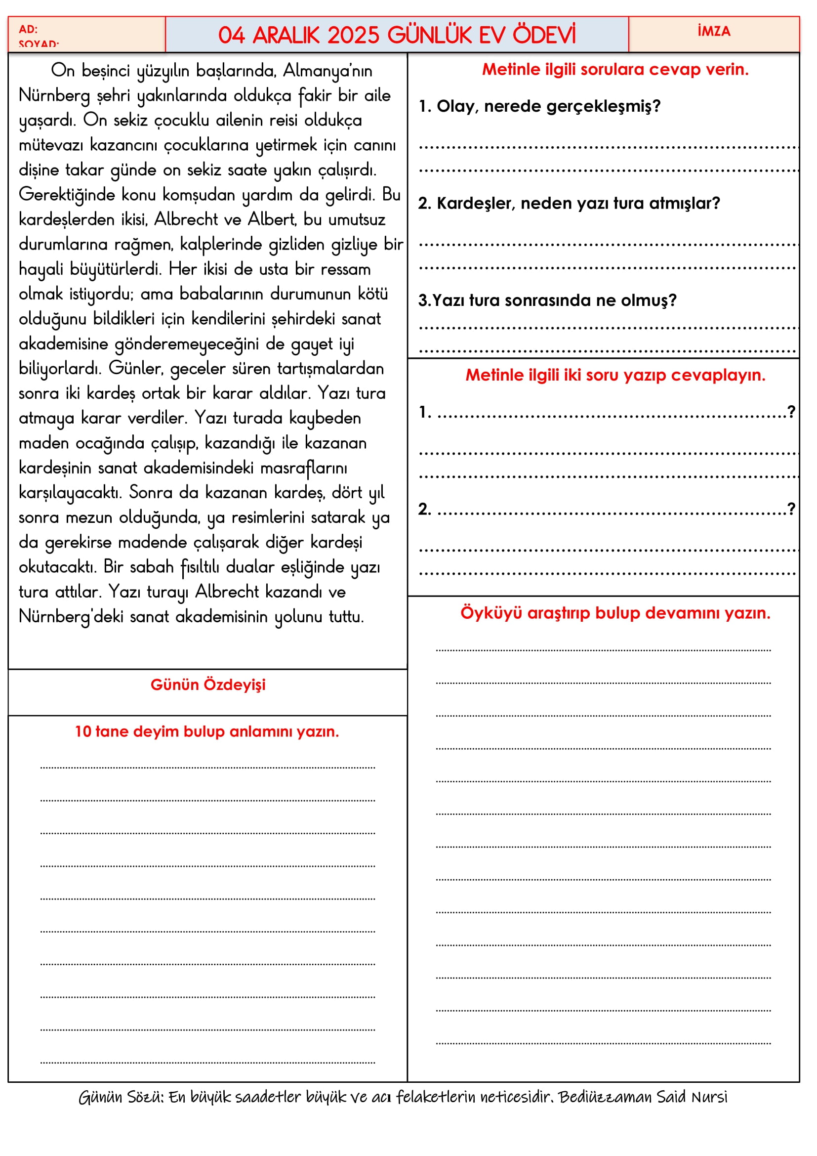 4.Sınıf - 04 Aralık 2025 Günlük Ev Ödevleri