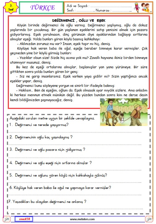 3. Sınıf Türkçe Okuma ve Anlama Metni i Etkinliği ( Değirmenci , Oğlu ve Eşek )