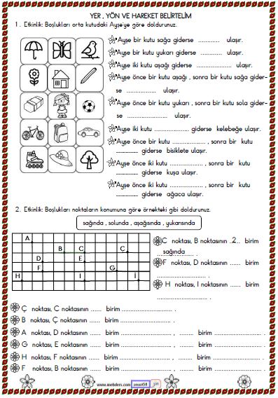 2. Sınıf Matematik Yer, Yön, Hareket Belirtelim Etkinliği 2