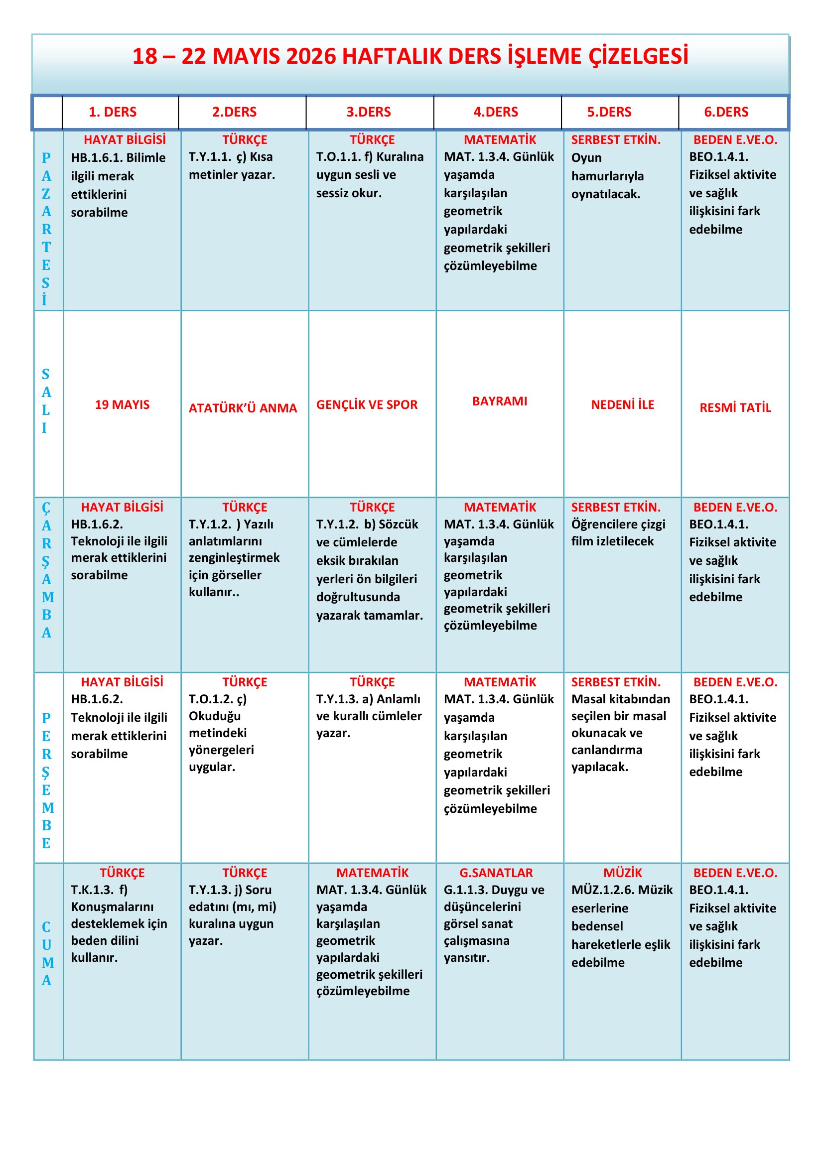 1.Sınıf 18 - 22 Mayıs 2026 Haftalık Ders İşleme Çizelgesi.doc