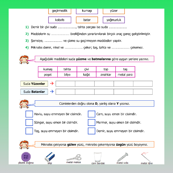 4. Sınıf Fen Bilimleri - Maddeyi Niteleyen Özellikler Etkinliği