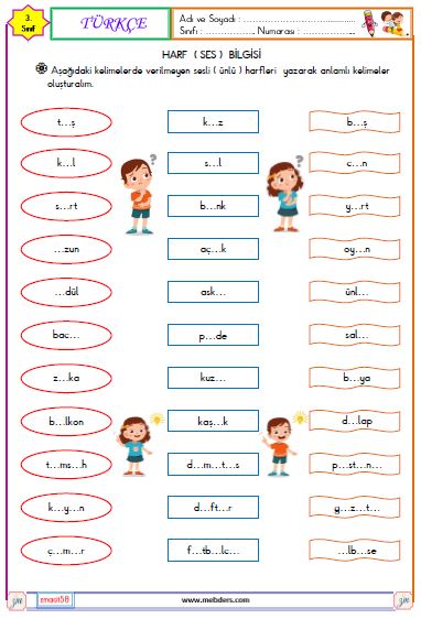 3. Sınıf Türkçe Harf Bilgisi Etkinliği 3