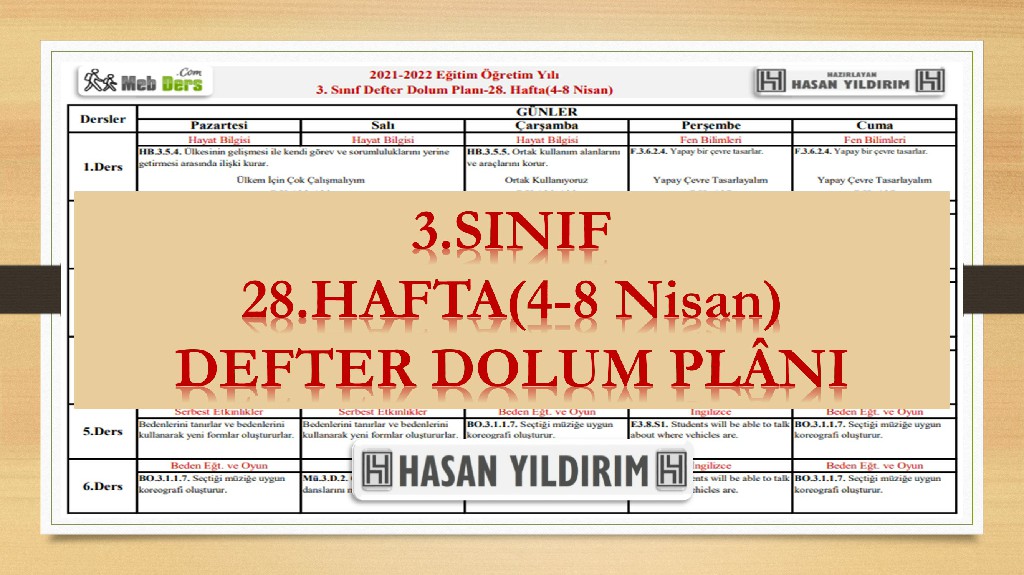 3.Sınıf 28.Hafta(4-8 Nisan) Defter Dolum Planı