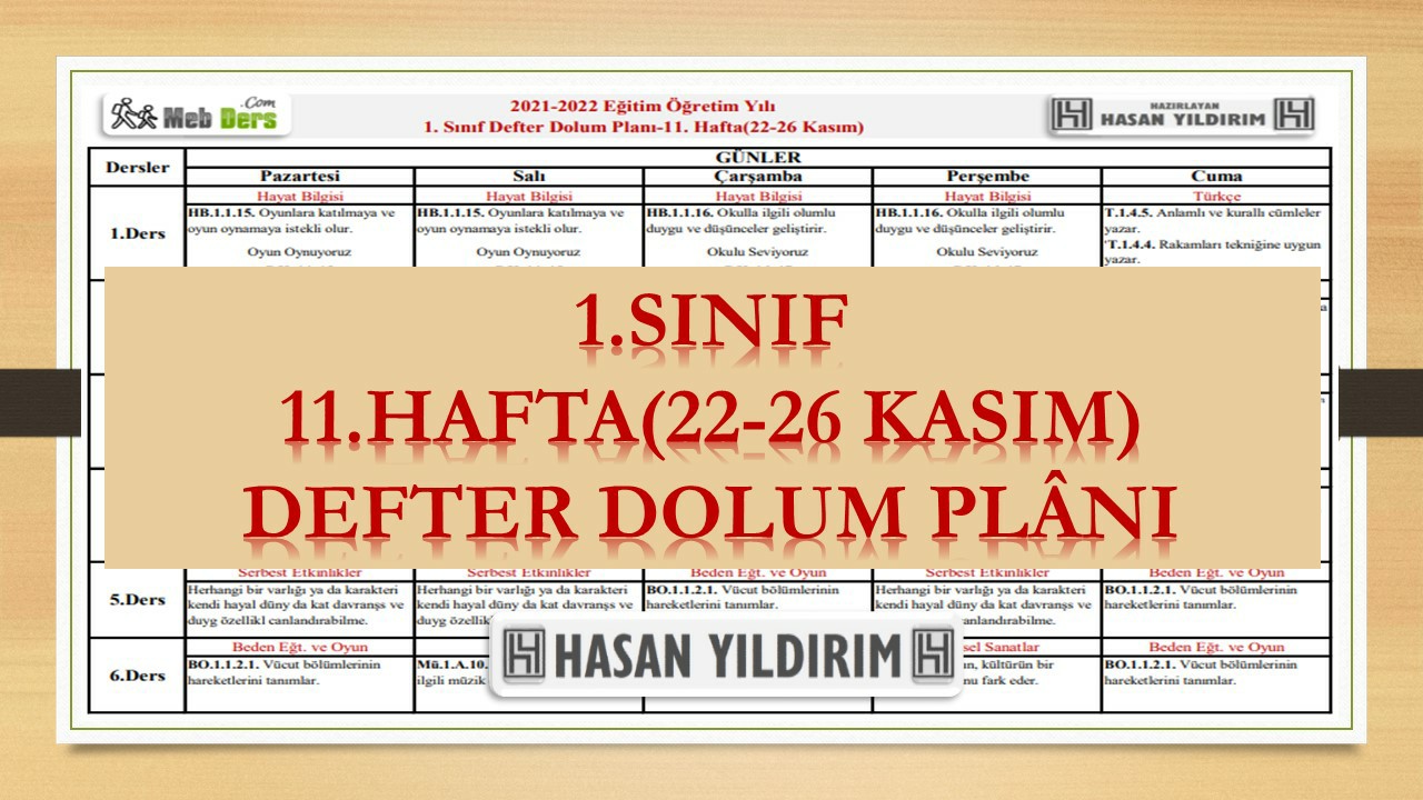 1.Sınıf 11.Hafta(22-26 Kasım) Defter Dolum Planı