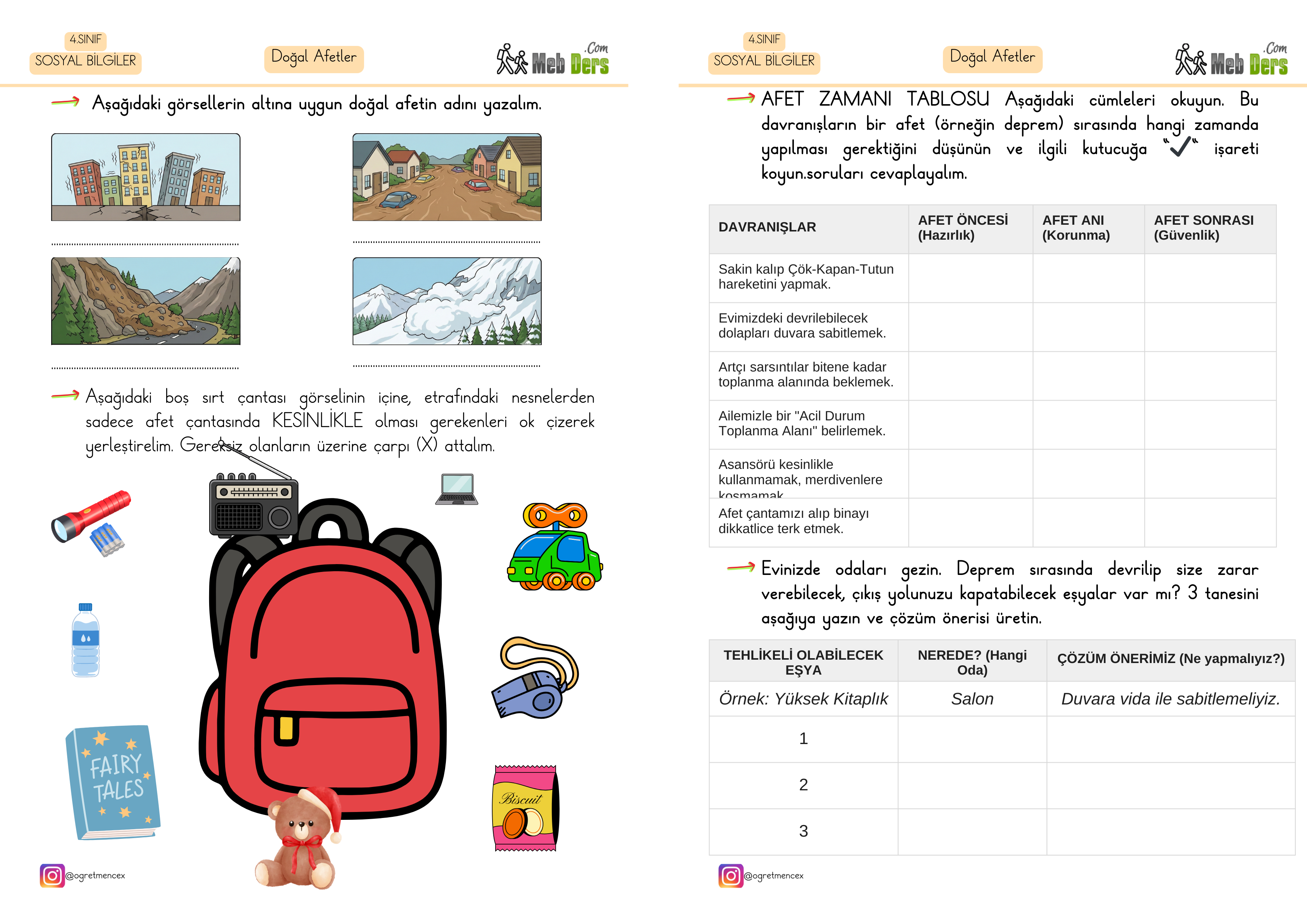 4. Sınıf Sosyal Bilgiler Doğal Afetler Çalışma Sayfası (2 Sayfa)