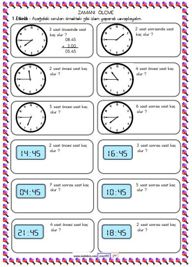 2. Sınıf Matematik Zamanı Ölçme ve Saat Etkinliği 14