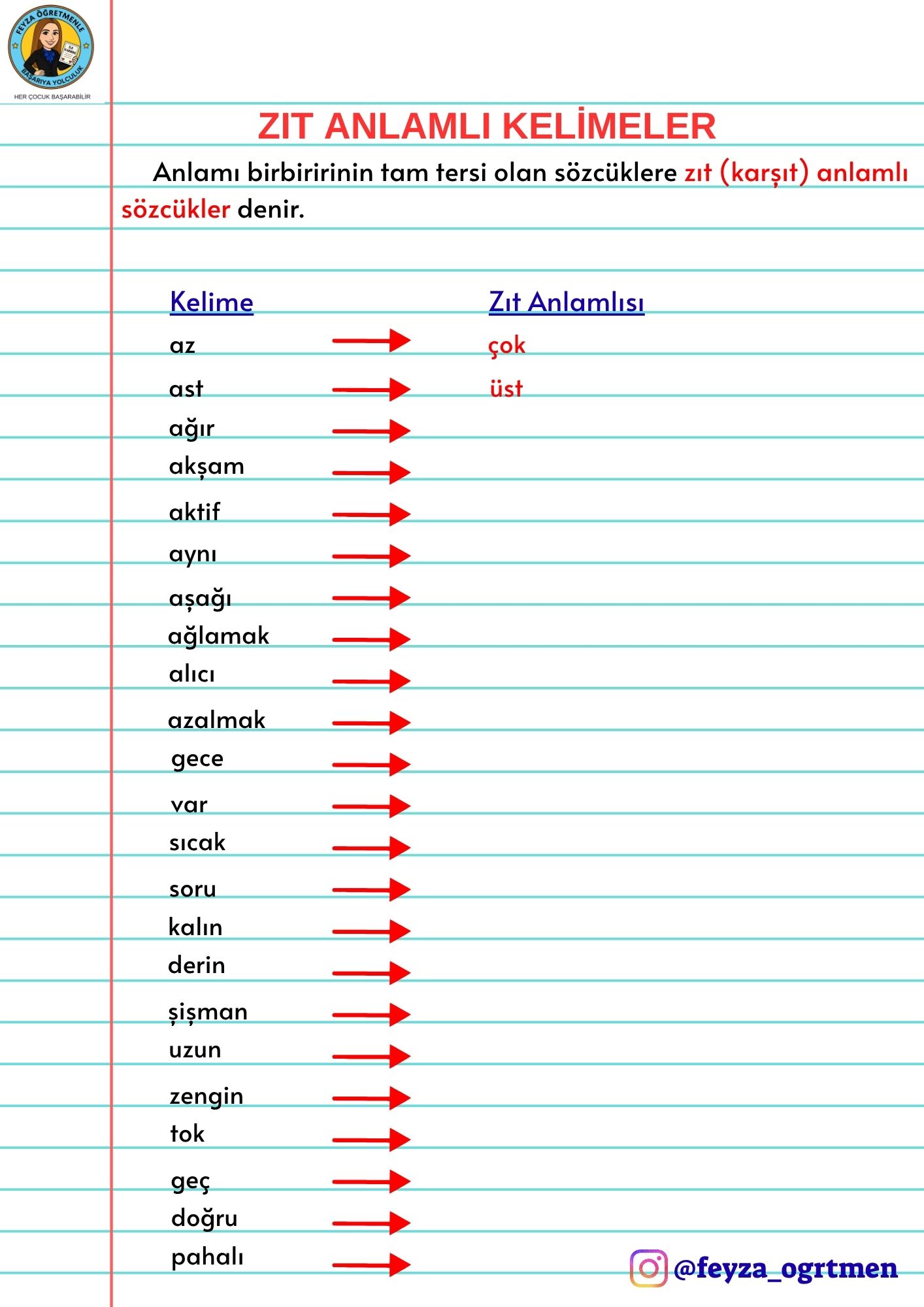 4. Sınıf Türkçe Zıt Anlamlı Kelimeler