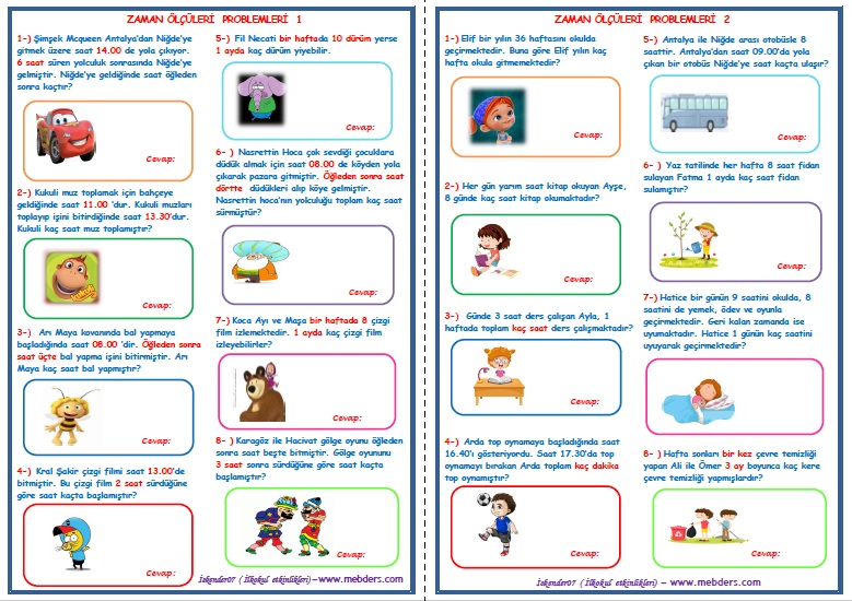 2.Sınıf Matematik Zaman Ölçüleri Problemleri 1-2    ( 2 Sayfa-16 Soru)