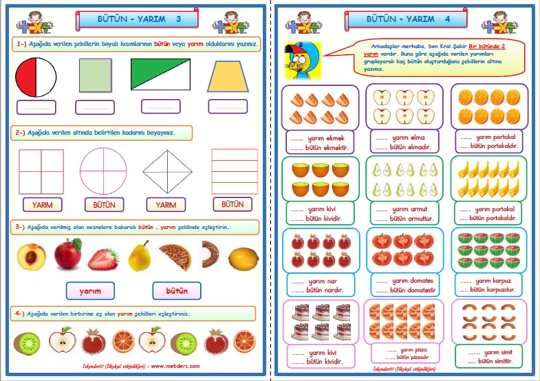 1.Sınıf Matematik Kesirler Bütün Yarım Çalışması 3-4  (2 Sayfa)