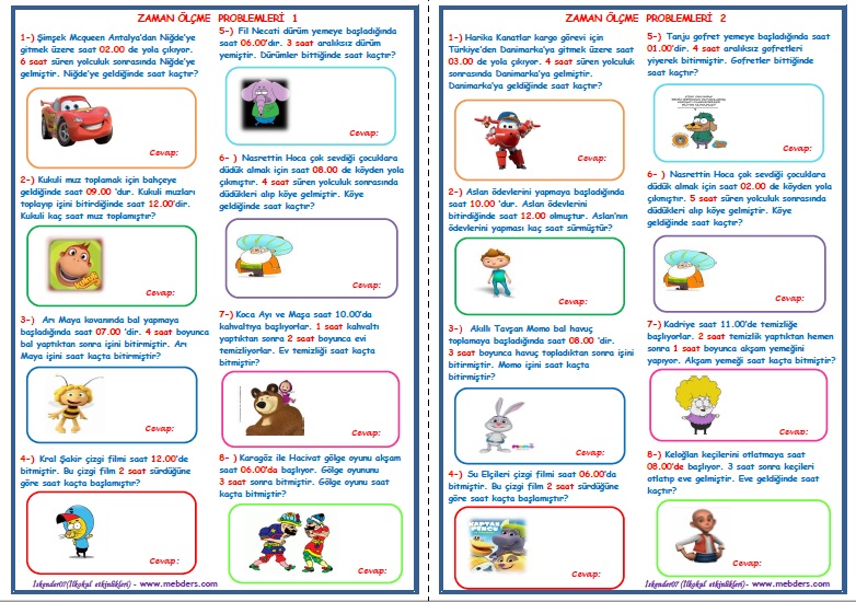 1.Sınıf Matematik Zaman Ölçüleri Problemleri 1-2   (2 Sayfa)