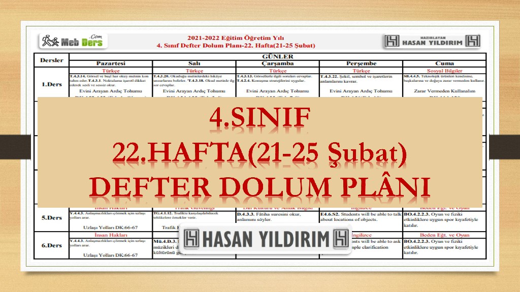 4.Sınıf 22.Hafta(21-25 Şubat) Defter Dolum Planı