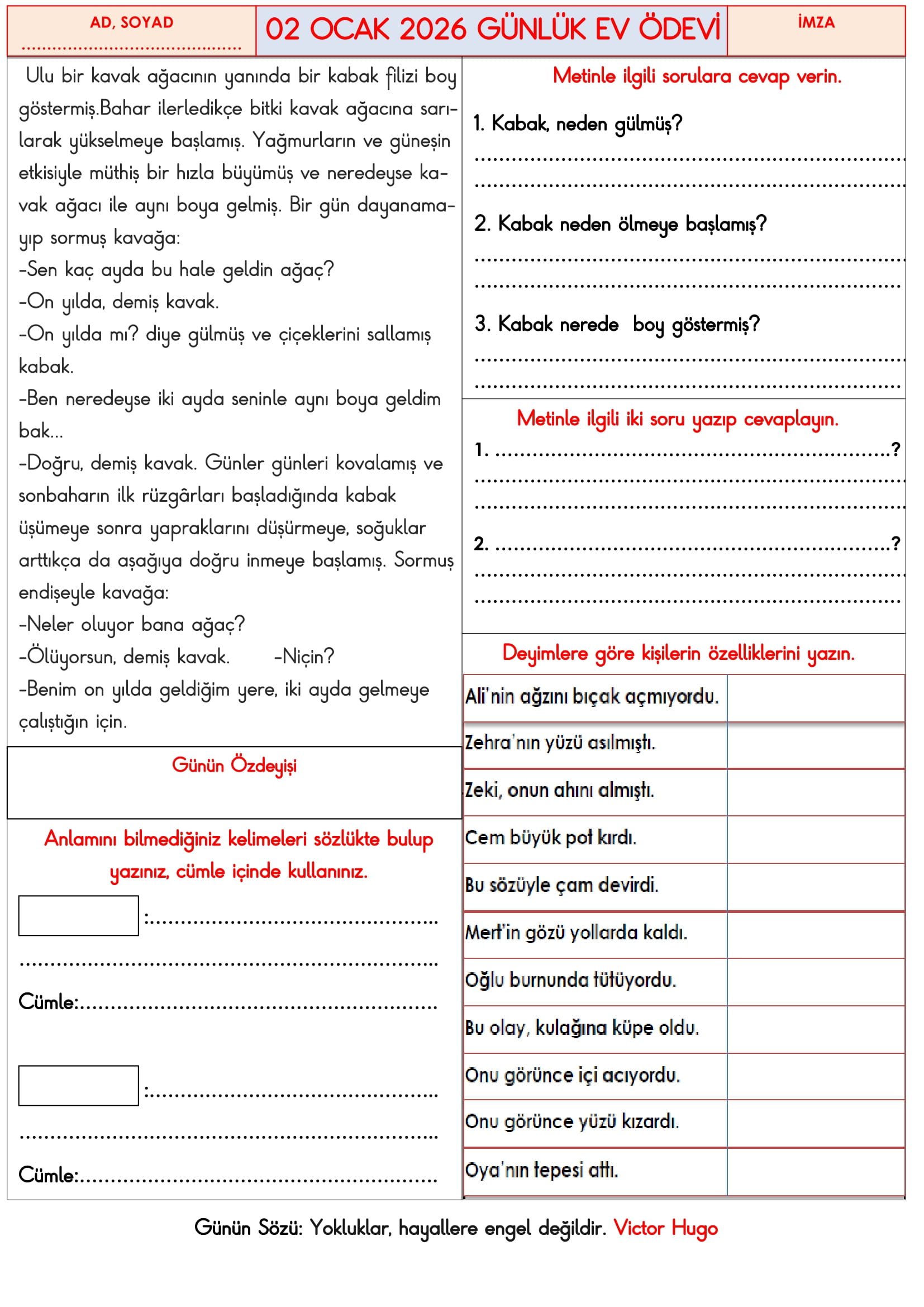 3.Sınıf - 02 Ocak 2026 Günlük Ev Ödevleri