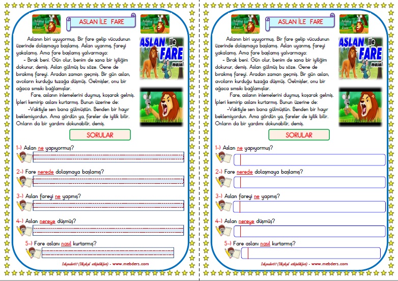 1.Sınıf Türkçe Aslan ile Fare Okuma Anlama Metin Çalışması  27