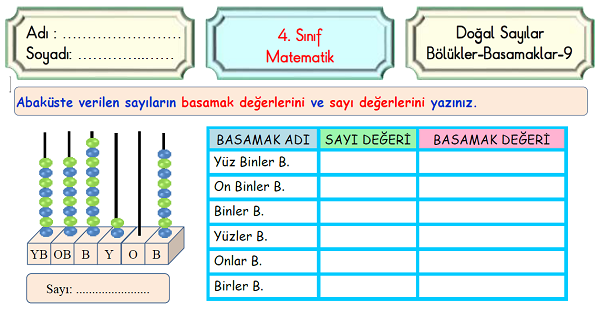 4.Sınıf Matematik Doğal Sayılarda Sayı Değeri ve Basamak Değeri Etkinliği