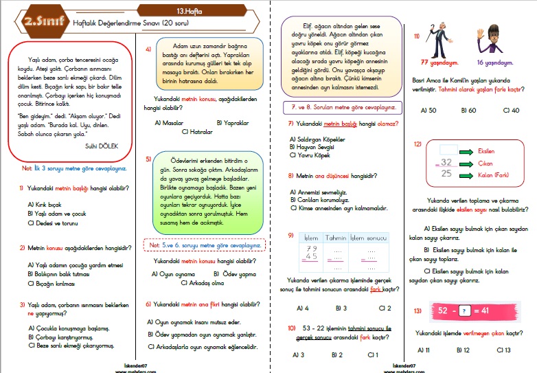 2.Sınıf Haftalık Değerlendirme Testi - 13.Hafta (06-10 Aralık)