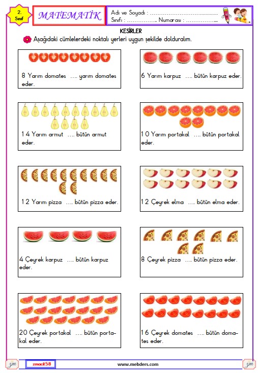 2. Sınıf Matematik Bütün , Yarım ve Çeyrek Etkinliği 4