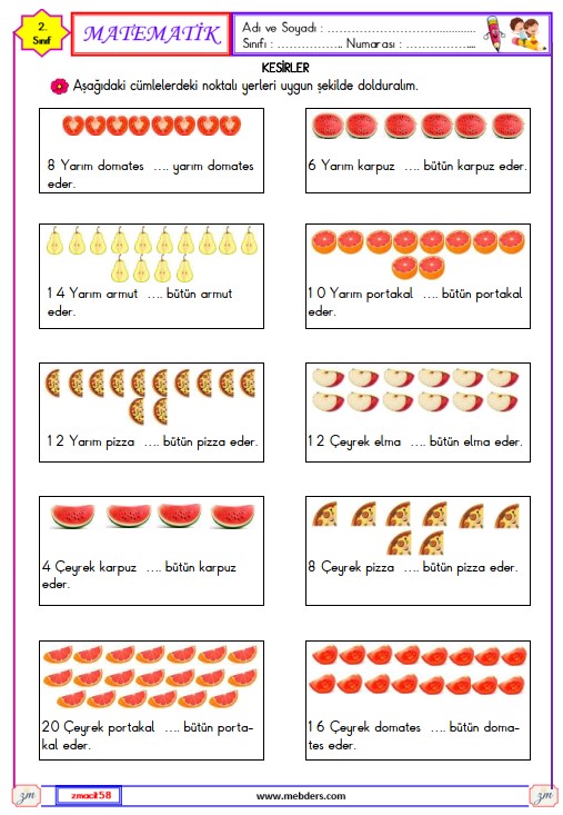 2. Sınıf Matematik Bütün , Yarım ve Çeyrek Etkinliği 4