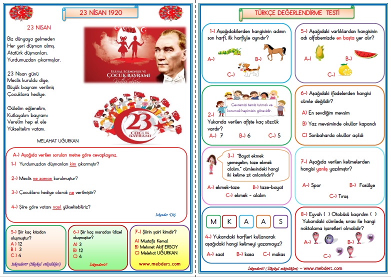 1.Sınıf Türkçe 23 Nisan  Değerlendirme Çalışması  6