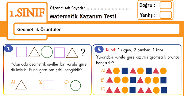 1.Sınıf Matematik Geometrik Örüntüler Kazanım Testi