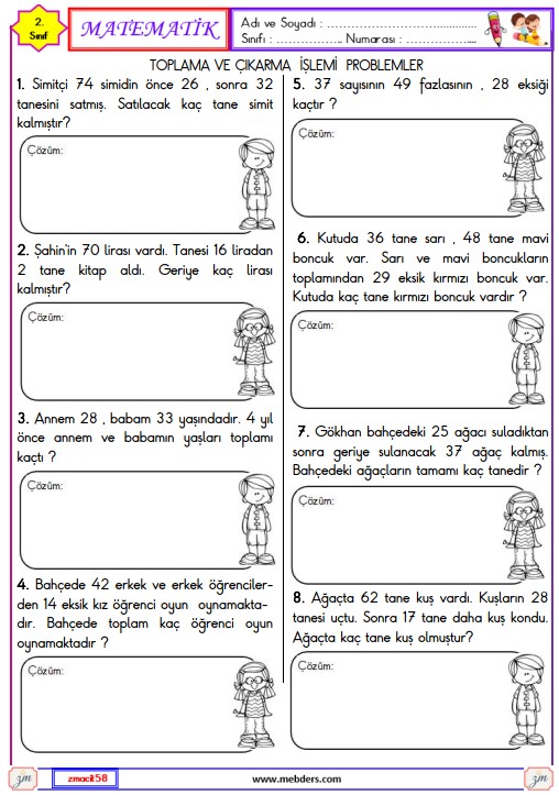 2. Sınıf Matematik Toplama ve Çıkarma İşlemi Problemleri Etkinliği 8