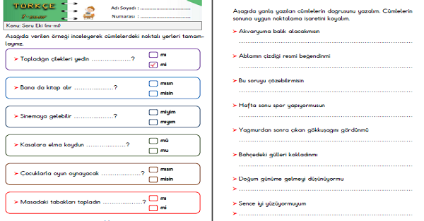 1. Sınıf Türkçe Soru Eki (mı-mi) Etkinlik Çalışmaları