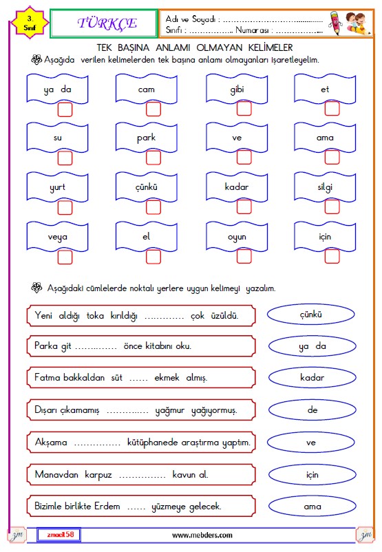 3. Sınıf Türkçe Tek Başına Anlamı Olmayan Kelimeler Etkinliği