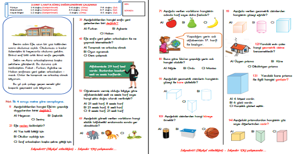 2. Sınıf Haftalık Kazanım Değerlendirme Testi 1. Hafta (14-18 Eylül)